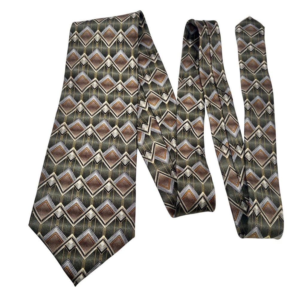 Albert Nipon Mens Silk Tie Olive Green Gold Geometric Diamond Art Deco 4 Inch
